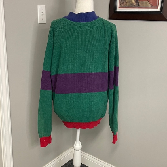 VTG Land's End Men's L Colorblock Cotton Pullover Sweater Green Stripe Henley - Picture 3 of 4